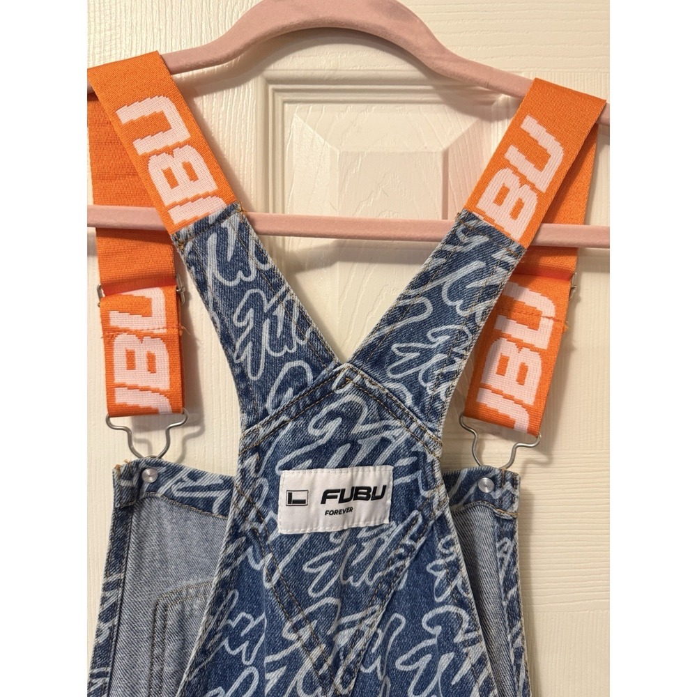 Fubu x Forever 21 Denim Overalls All Over Print 05 Orange Straps Y2K Women Sz S - Picture 6 of 16